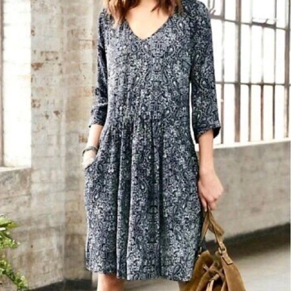 Garnet Hill Dresses & Skirts - GARNET HILL Paisley V-Neck 3/4 Sleeves A-Line Lagenlook Boho Midi Dress Size 4